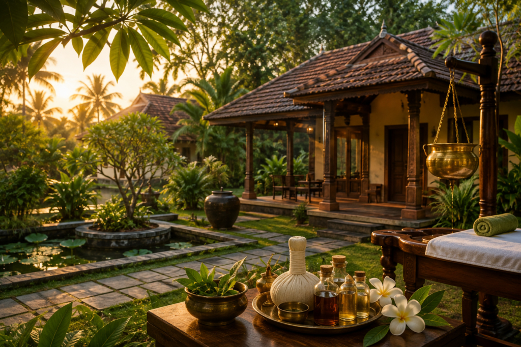 Traditional Ayurveda resort in Kerala with herbal oils, Ayurvedic therapy facilities and tropical surroundings