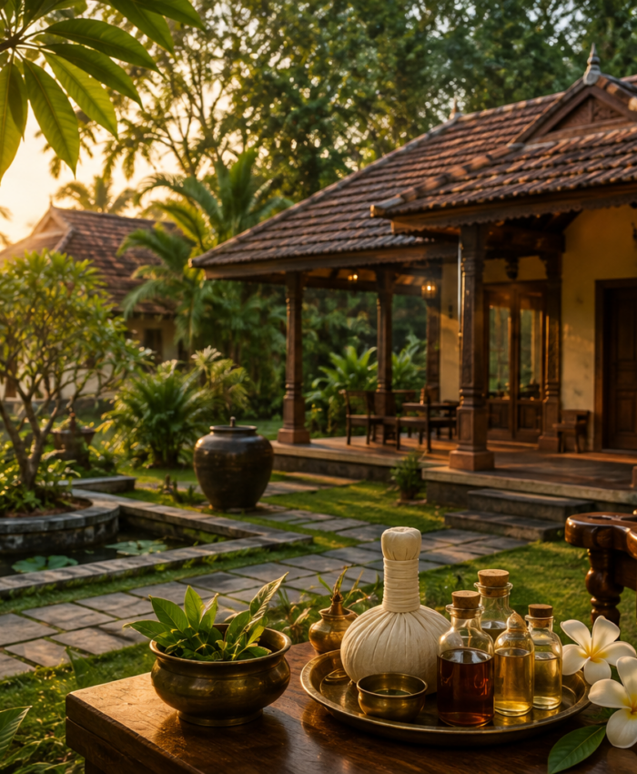 Traditional Ayurveda resort in Kerala with herbal oils, Ayurvedic therapy facilities and tropical surroundings