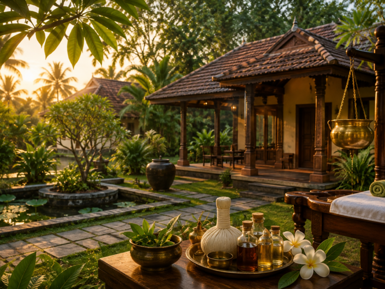 Traditional Ayurveda resort in Kerala with herbal oils, Ayurvedic therapy facilities and tropical surroundings