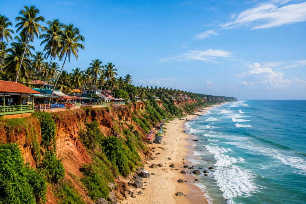 Panoramic view of Varkala Cliff overlooking the Arabian Sea with palm trees, golden beach, and colorful cafés in Kerala.