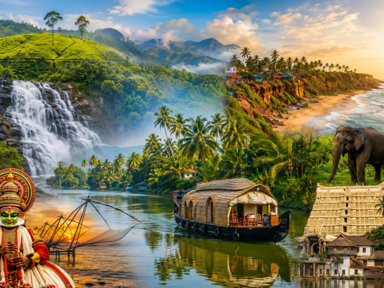 Popular tourist attractions in Kerala featuring Munnar tea plantations, backwaters and houseboat, Varkala Beach, waterfalls, wildlife, temple architecture and Kathakali