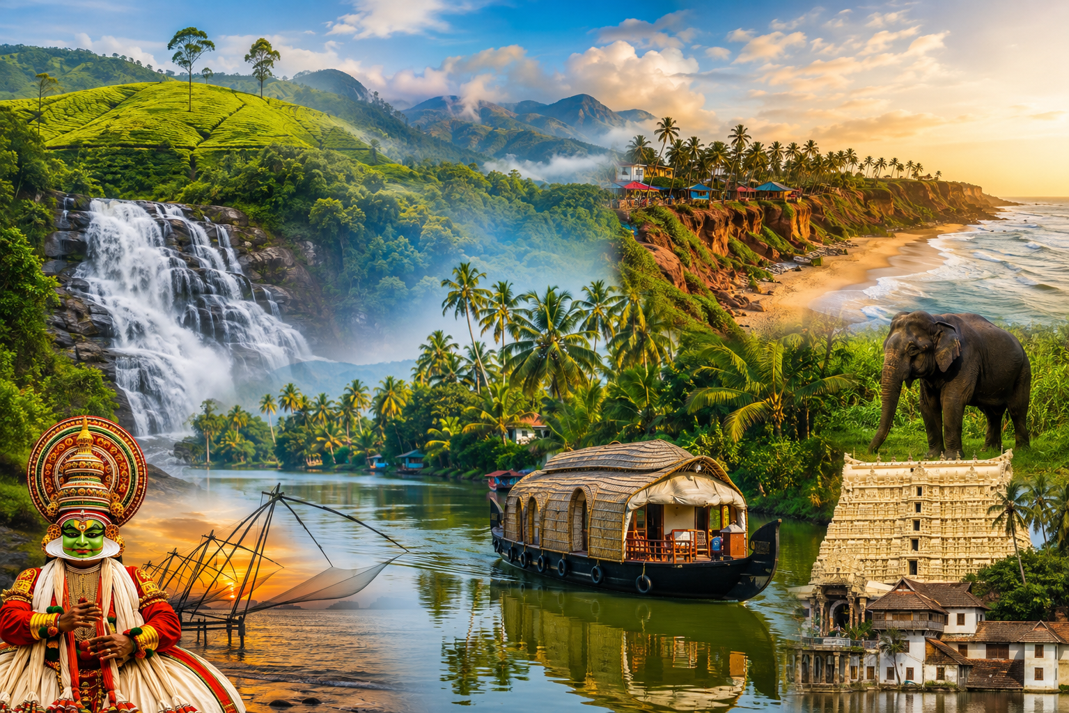 Popular tourist attractions in Kerala featuring Munnar tea plantations, backwaters and houseboat, Varkala Beach, waterfalls, wildlife, temple architecture and Kathakali