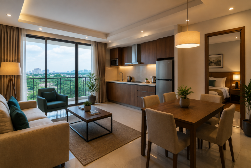 Modern serviced apartment in Kerala with furnished living room, kitchen, dining area and comfortable bedroom