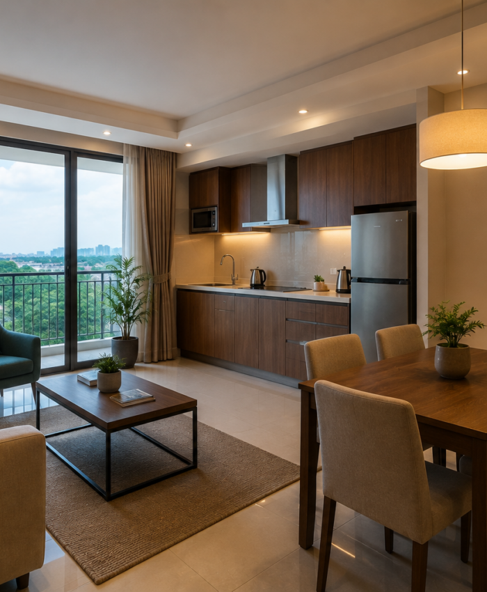 Modern serviced apartment in Kerala with furnished living room, kitchen, dining area and comfortable bedroom