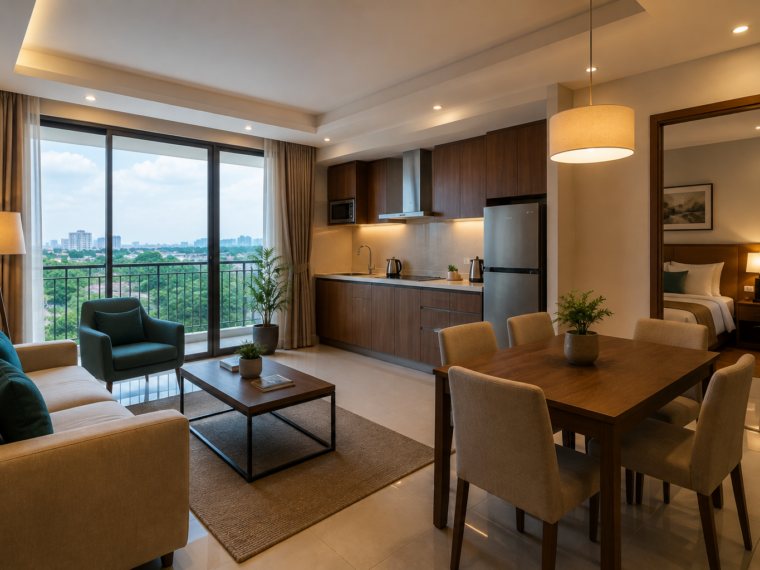 Modern serviced apartment in Kerala with furnished living room, kitchen, dining area and comfortable bedroom