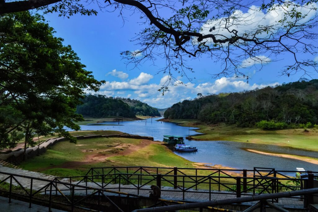 Scenic Thekkady Kerala featuring Periyar Lake surrounded by lush Western Ghats forests and wildlife.