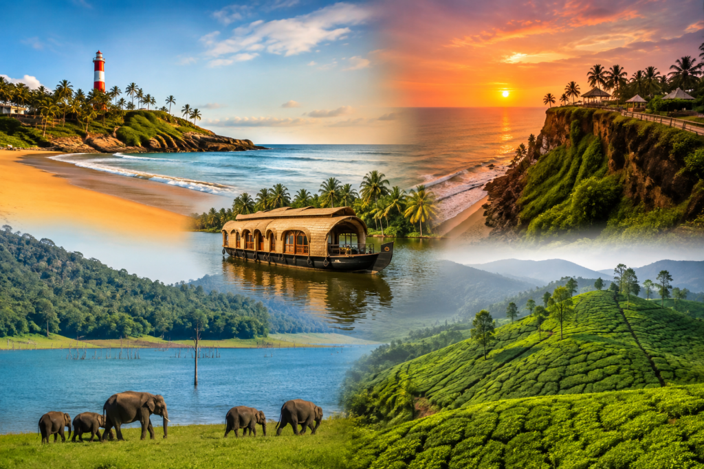 7-day Kerala itinerary featuring Kovalam and Varkala beaches, Alappuzha houseboat, Thekkady wildlife and Munnar tea plantations