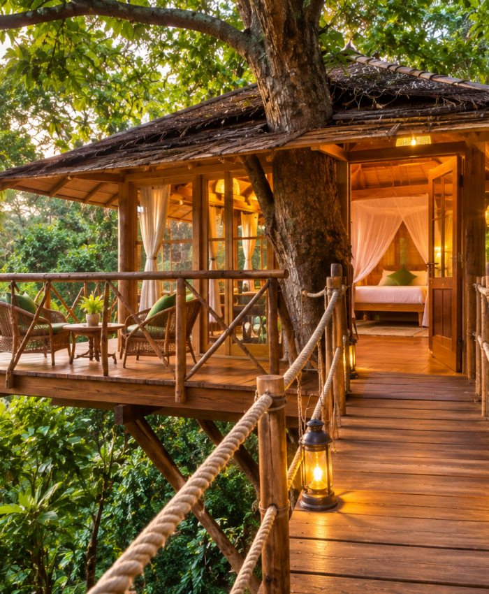 Luxury tree house stay in Kerala surrounded by lush tropical forest and greenery