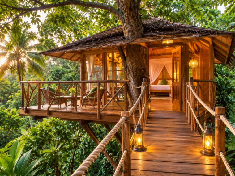 Luxury tree house stay in Kerala surrounded by lush tropical forest and greenery