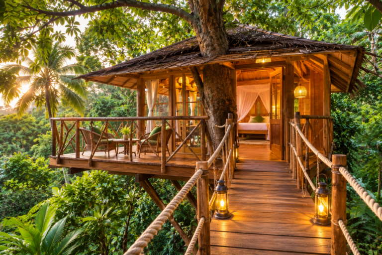 Luxury tree house stay in Kerala surrounded by lush tropical forest and greenery