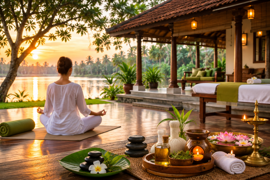 Peaceful wellness retreat in Kerala with yoga, meditation, spa therapies and tropical backwater surroundings