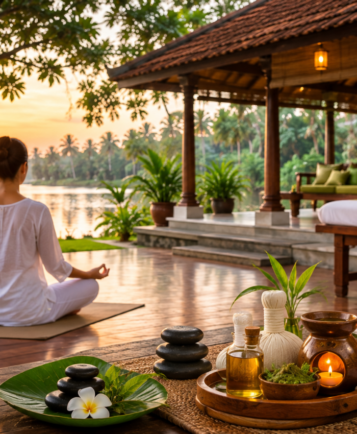 Peaceful wellness retreat in Kerala with yoga, meditation, spa therapies and tropical backwater surroundings