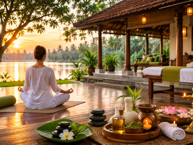 Peaceful wellness retreat in Kerala with yoga, meditation, spa therapies and tropical backwater surroundings